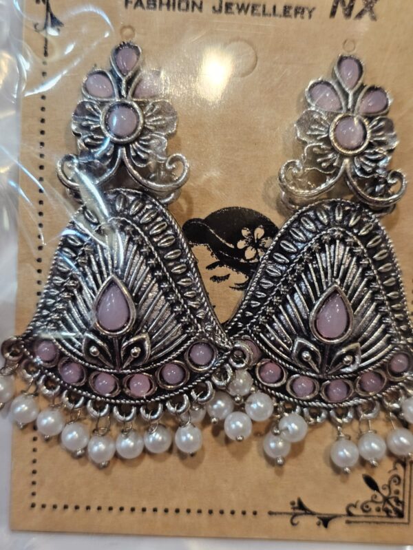 NX Fashion Jewellery Oxidized Silver Floral Jhumka Earrings with Pink Stones and Pearl Droplets
