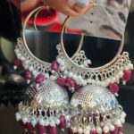 Fashion Jewelry Oxidized Silver Hoop Jhumka Earrings with Green Beads and White Pearl Hangings