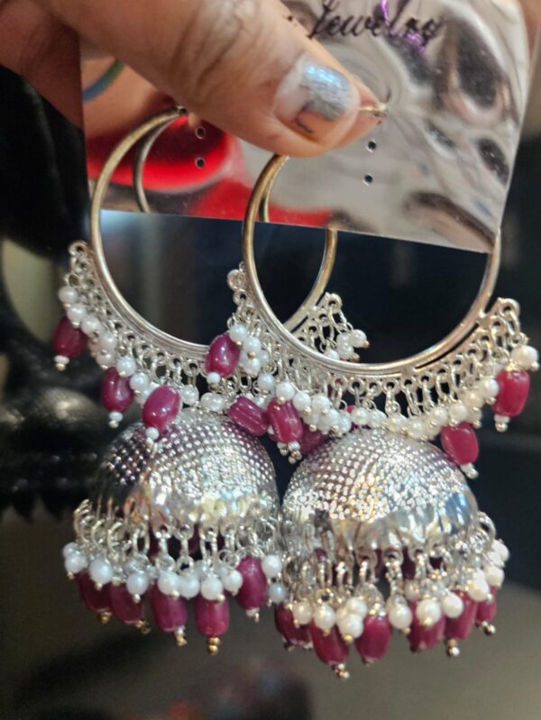 Fashion Jewelry Oxidized Silver Hoop Jhumka Earrings with Green Beads and White Pearl Hangings