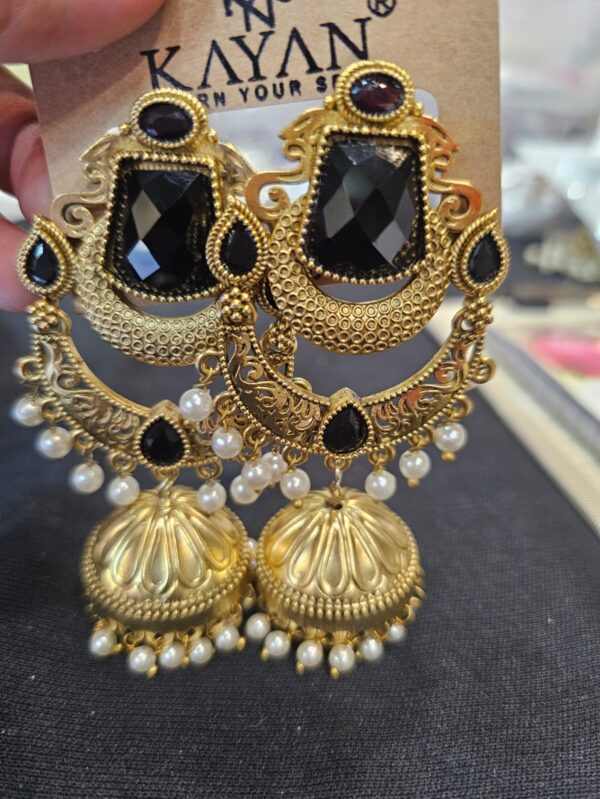 KAYAN Antique Gold-Plated Chandbali Jhumka Earrings with Black Faceted Stones and Pearl Drops
